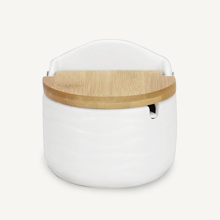 Ceramic Sugar Pot storage jars with Lid White Ceramic with Bamboo Lid Salt Canister