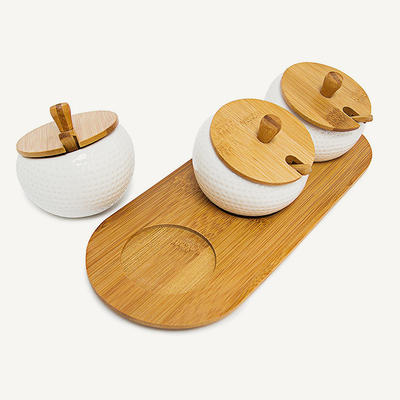 Best Selling European Ceramic kitchen Canister Sets With Wooden Base Shelf Kitchen Jar
